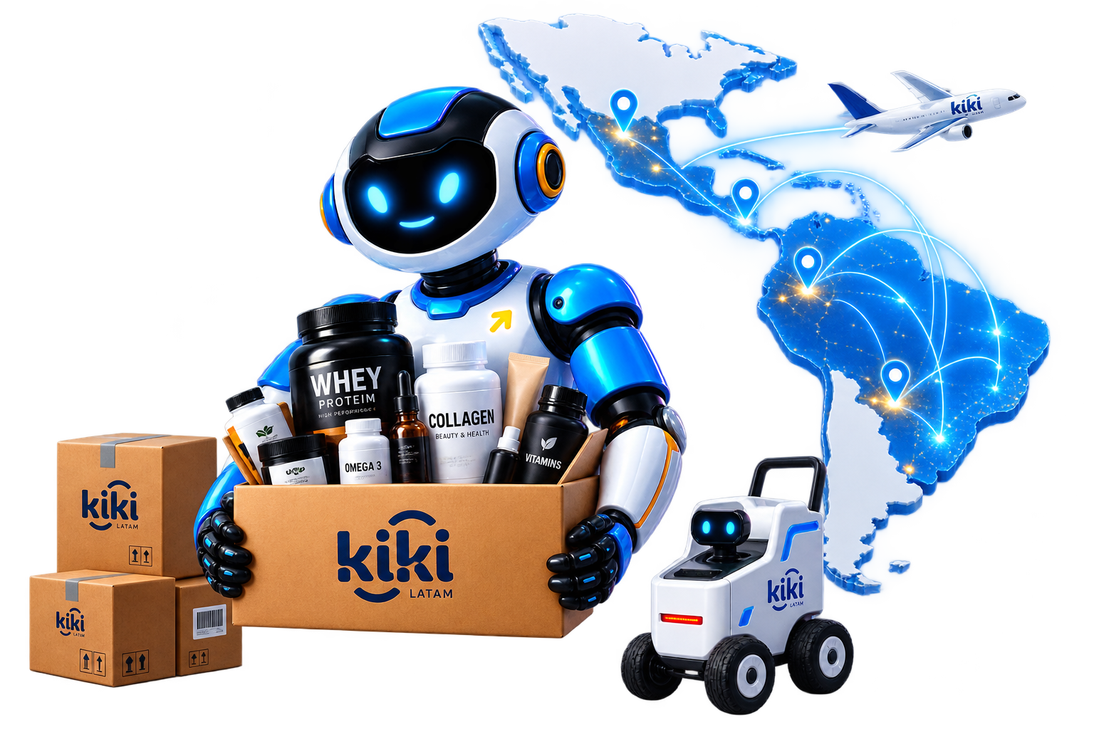 Robot KIKI LATAM cùng sản phẩm và bản đồ mạng lưới thương mại toàn cầu kết nối Việt Nam với Mỹ Latinh